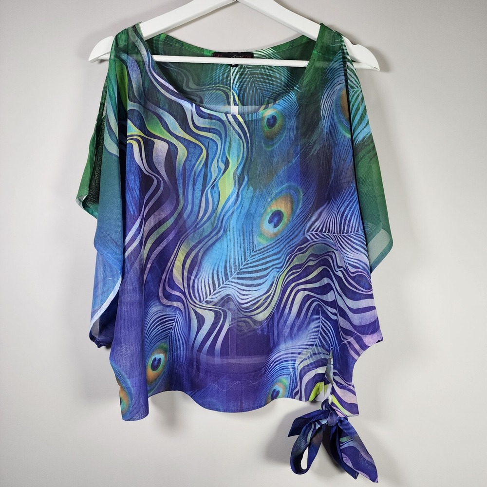 HEART SOUL Peacock‎ Feather Print Shirt Womens M Cold Shoulder Sheer Tie Front